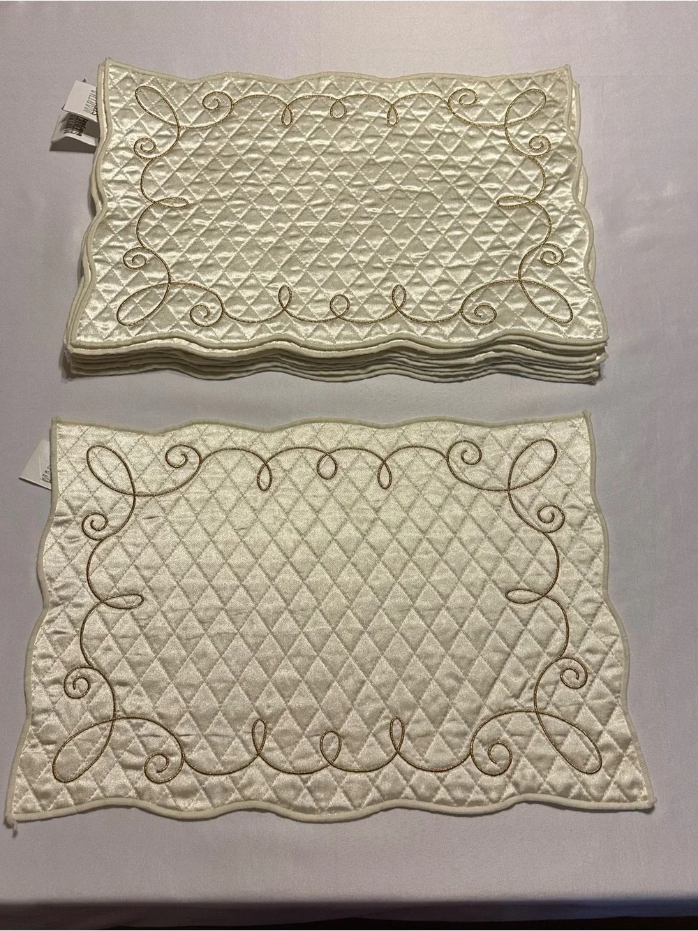 Martha Stewart Cream Quilted Placemat Set with Gold Scroll Embroidery set of 10